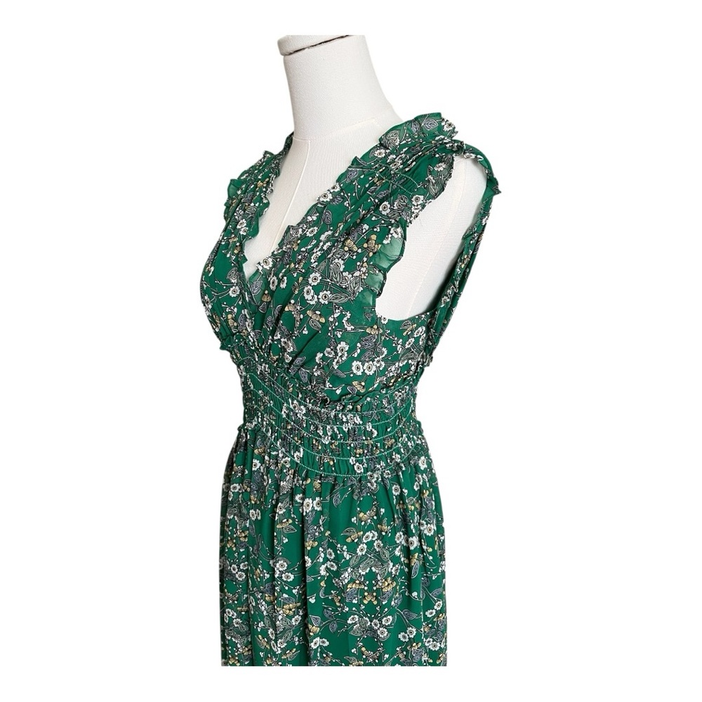 Green Floral V-Neck Smocked Waist Maxi Dress - Picture 5 of 8